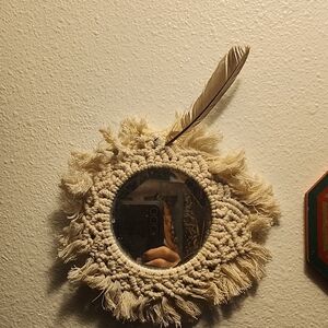 Boho Cream Wall Mirror with Feather Accent